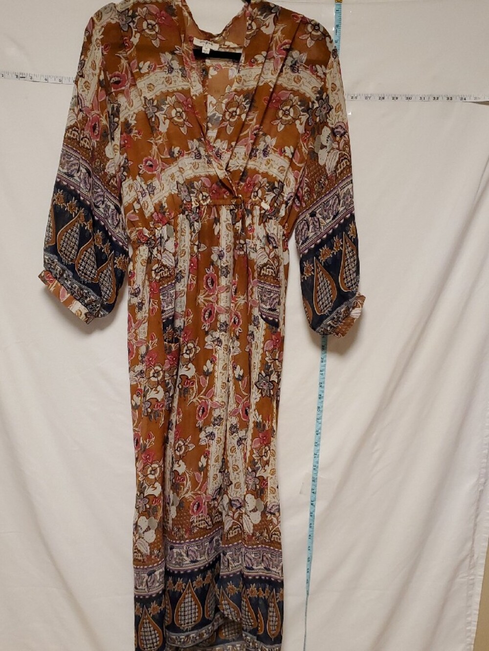 Umgee Brown Floral Boho VNeck Sheer Dress Back Slit Med Cottagecore Cover Up